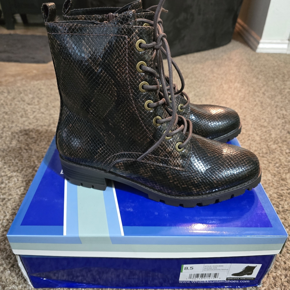 White Mountain Brown Snakeskin Combat Boots